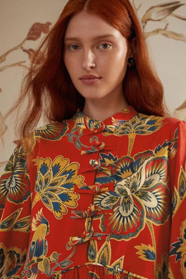 Red Maxi Floral Long Sleeve Mini Dress Women FARM Rio Mini Dresses