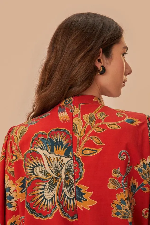 Red Maxi Floral Long Sleeve Mini Dress Women FARM Rio Mini Dresses