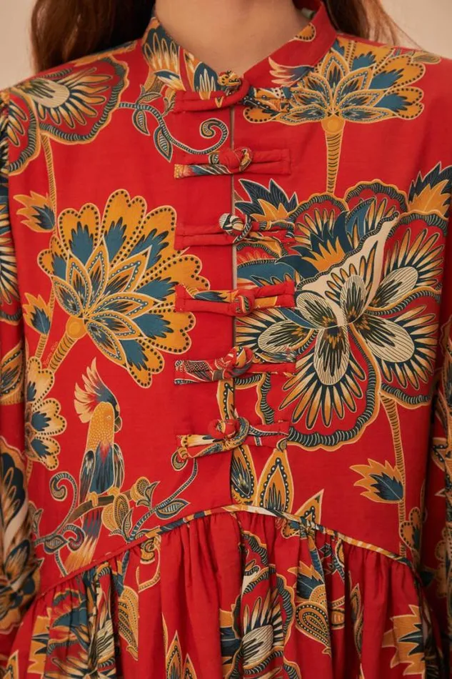 Red Maxi Floral Long Sleeve Mini Dress Women FARM Rio Mini Dresses