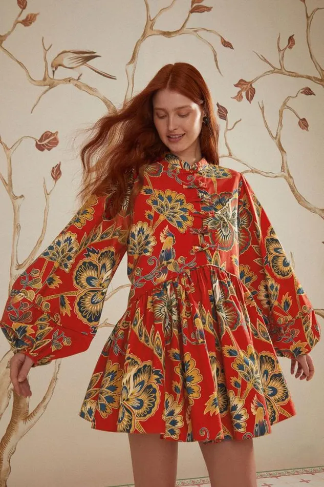 Red Maxi Floral Long Sleeve Mini Dress Women FARM Rio Mini Dresses