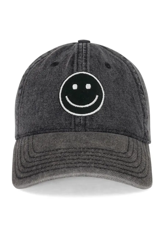 Reina Silver Smiley Patch Washed Black Women Lauren Moshi Hats