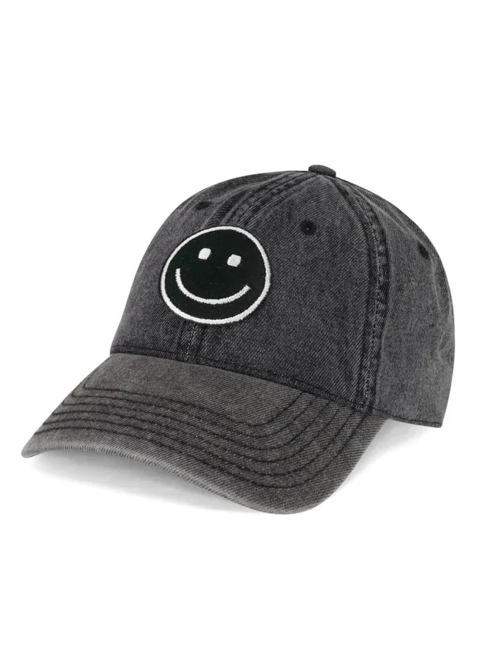 Reina Silver Smiley Patch Washed Black Women Lauren Moshi Hats Reina Silver Smiley Patch Washed Black Women Lauren Moshi Hats