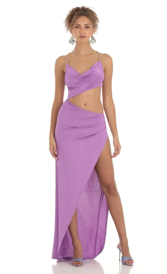 Rhinestone Cutout Maxi Dress Lilac Women LUCY IN THE SKY Maxi Dresses