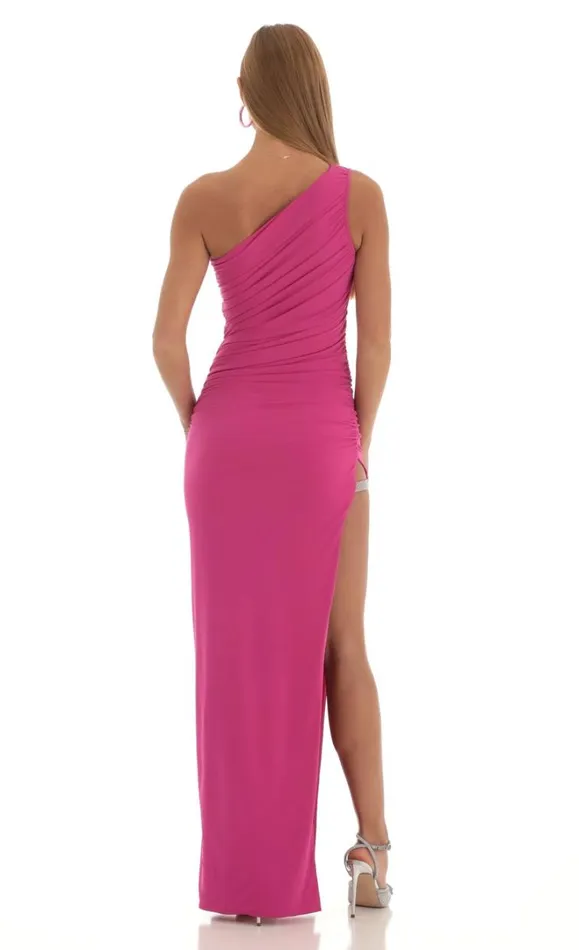 Rhinestone Slit One Shoulder Maxi Dress Pink Women LUCY IN THE SKY Maxi Dresses Rhinestone Slit One Shoulder Maxi Dress Pink Women LUCY IN THE SKY Maxi Dresses