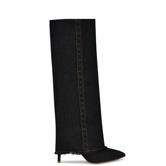 Rhoree Knee High Dress Boots Black Denim Women Nine West Boots and Booties