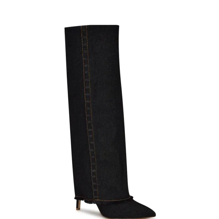 Rhoree Knee High Dress Boots Black Denim Women Nine West Boots and Booties Rhoree Knee High Dress Boots Black Denim Women Nine West Boots and Booties
