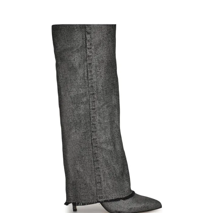 Rhoree Knee High Dress Boots Silver Metallic Denim Women Nine West Boots and Booties