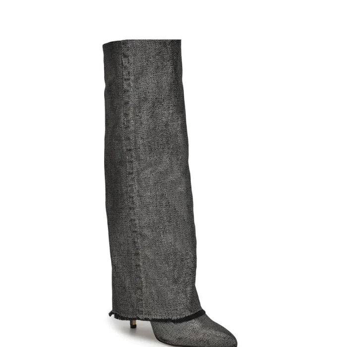 Rhoree Knee High Dress Boots Silver Metallic Denim Women Nine West Boots and Booties Rhoree Knee High Dress Boots Silver Metallic Denim Women Nine West Boots and Booties