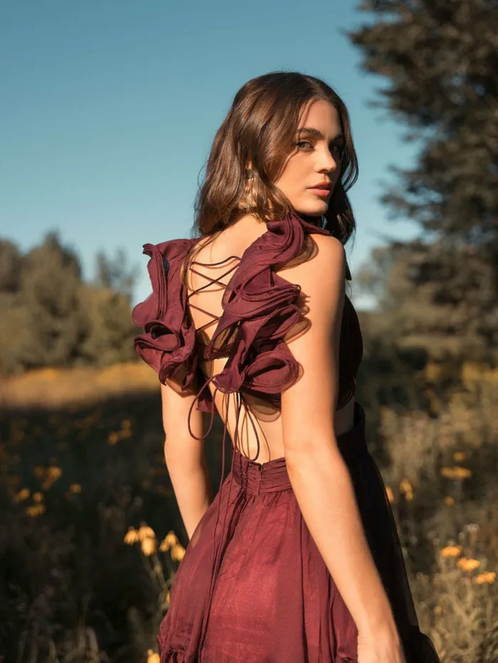 Ruffle Tiered CutOut Chiffon Dress Bordeaux Cocktail Dresses Mac Duggal Women Ruffle Tiered CutOut Chiffon Dress Bordeaux Cocktail Dresses Mac Duggal Women