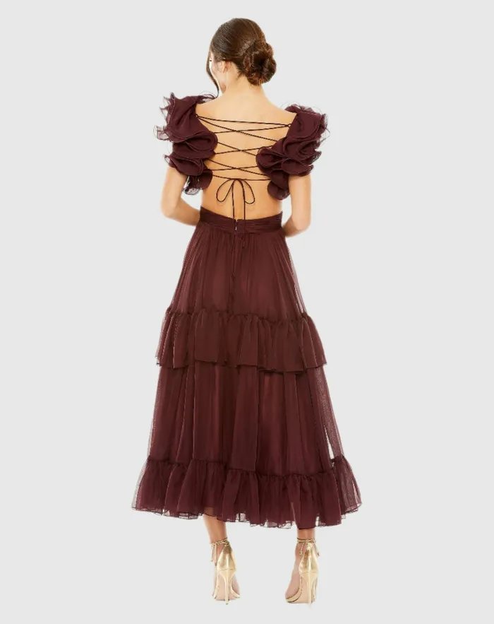 Ruffle Tiered CutOut Chiffon Dress Bordeaux Cocktail Dresses Mac Duggal Women Ruffle Tiered CutOut Chiffon Dress Bordeaux Cocktail Dresses Mac Duggal Women