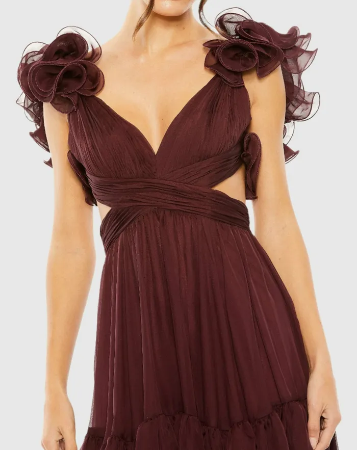 Ruffle Tiered CutOut Chiffon Dress Bordeaux Cocktail Dresses Mac Duggal Women Ruffle Tiered CutOut Chiffon Dress Bordeaux Cocktail Dresses Mac Duggal Women