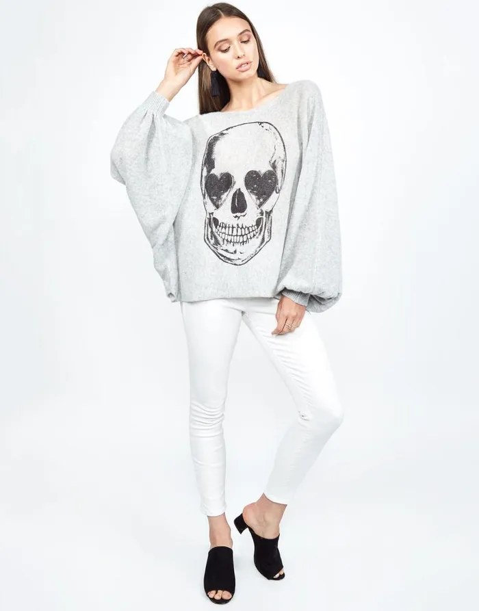 Sash Heart Eye Skull Heather Grey Women Lauren Moshi Sweaters and Knits