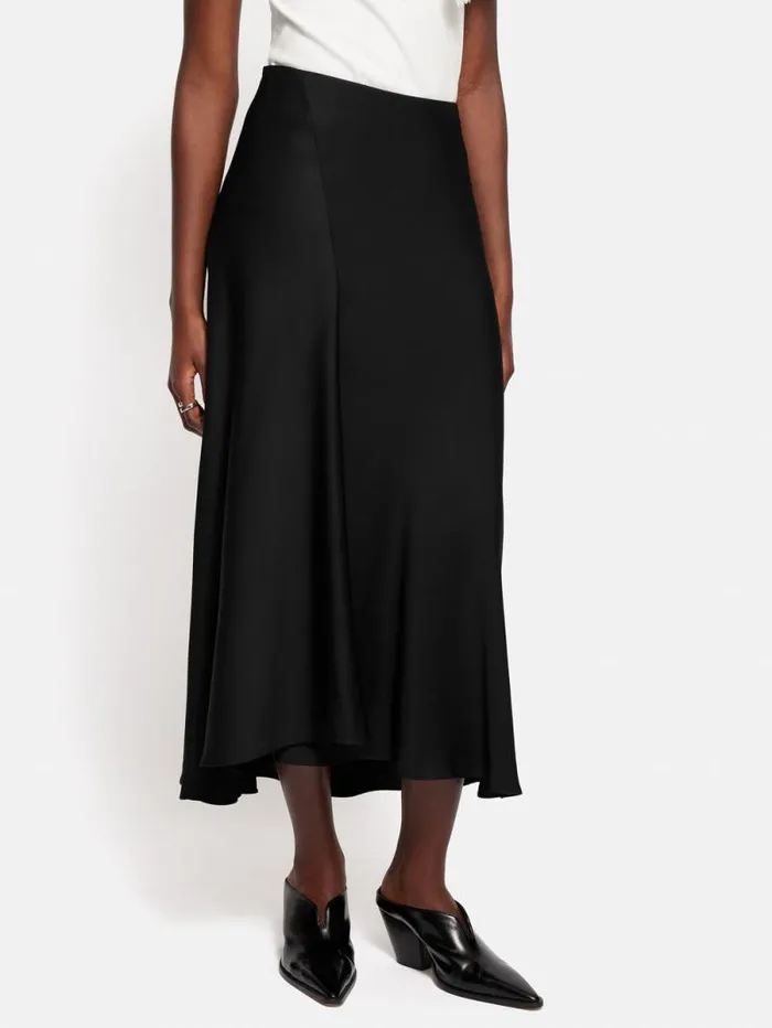 Satin Bias Asymmetric Skirt Black Women Jigsaw Skirts