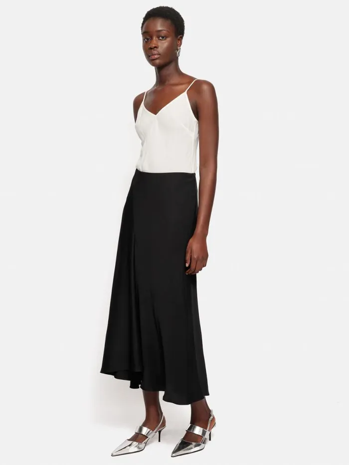 Satin Bias Asymmetric Skirt Black Women Jigsaw Skirts