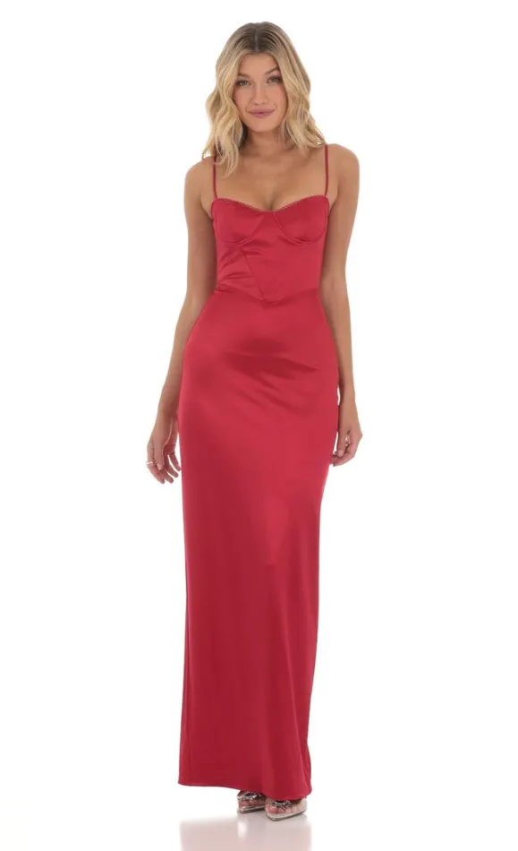 Satin Bodycon Maxi Dress Red Women LUCY IN THE SKY Maxi Dresses