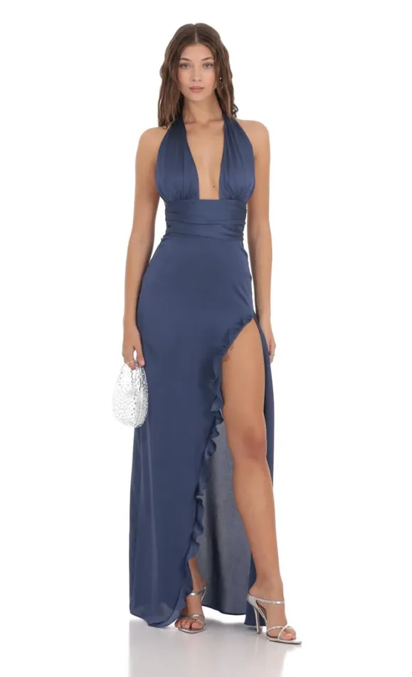 Satin Halter Ruffle Slit Dress Blue Women LUCY IN THE SKY Maxi Dresses