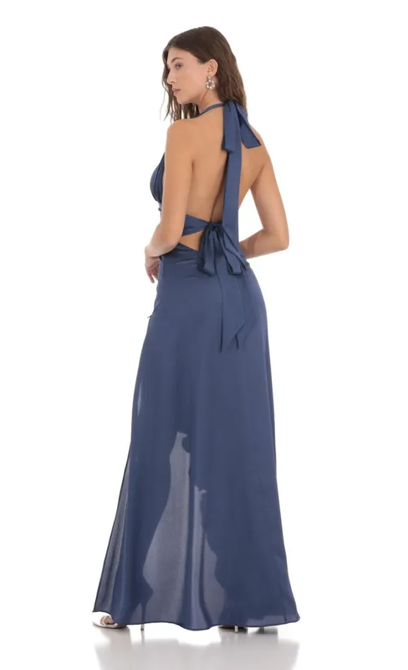 Satin Halter Ruffle Slit Dress Blue Women LUCY IN THE SKY Maxi Dresses Satin Halter Ruffle Slit Dress Blue Women LUCY IN THE SKY Maxi Dresses