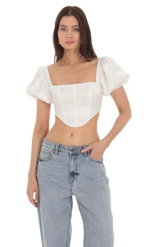 Satin Puff Sleeve Corset Top White Women LUCY IN THE SKY Tops