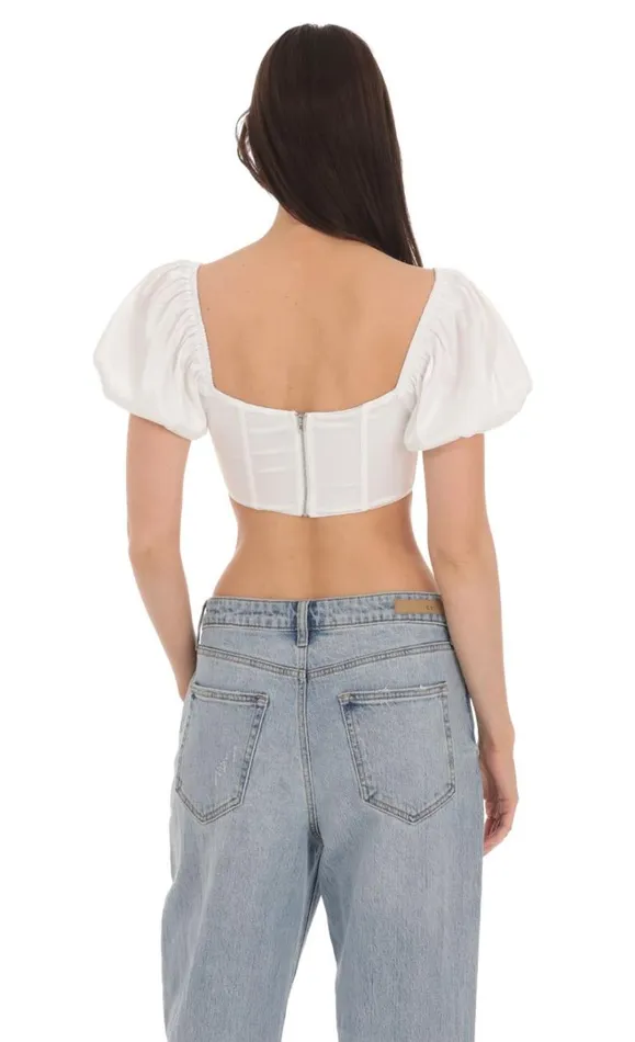 Satin Puff Sleeve Corset Top White Women LUCY IN THE SKY Tops Satin Puff Sleeve Corset Top White Women LUCY IN THE SKY Tops