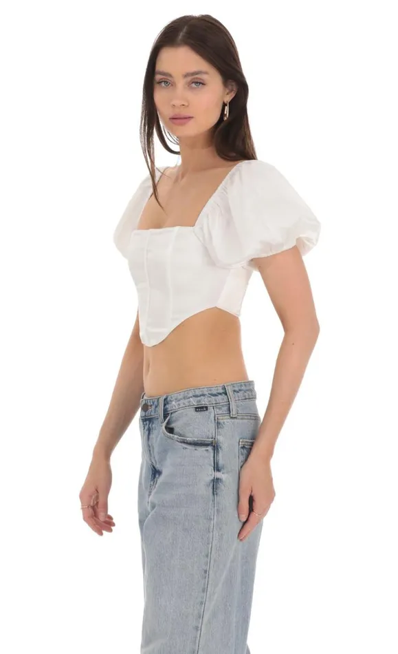 Satin Puff Sleeve Corset Top White Women LUCY IN THE SKY Tops Satin Puff Sleeve Corset Top White Women LUCY IN THE SKY Tops