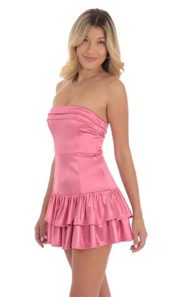 Satin Strapless Ruffle Dress Pink Women LUCY IN THE SKY Mini Dresses Satin Strapless Ruffle Dress Pink Women LUCY IN THE SKY Mini Dresses