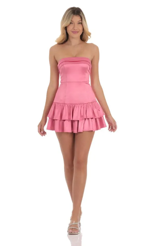 Satin Strapless Ruffle Dress Pink Women LUCY IN THE SKY Mini Dresses Satin Strapless Ruffle Dress Pink Women LUCY IN THE SKY Mini Dresses