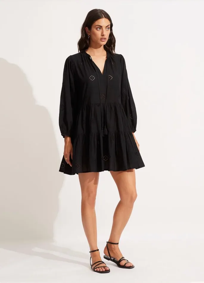 Seafolly Beach Dresses Women Embroidery Tiered Dress 8211 Black