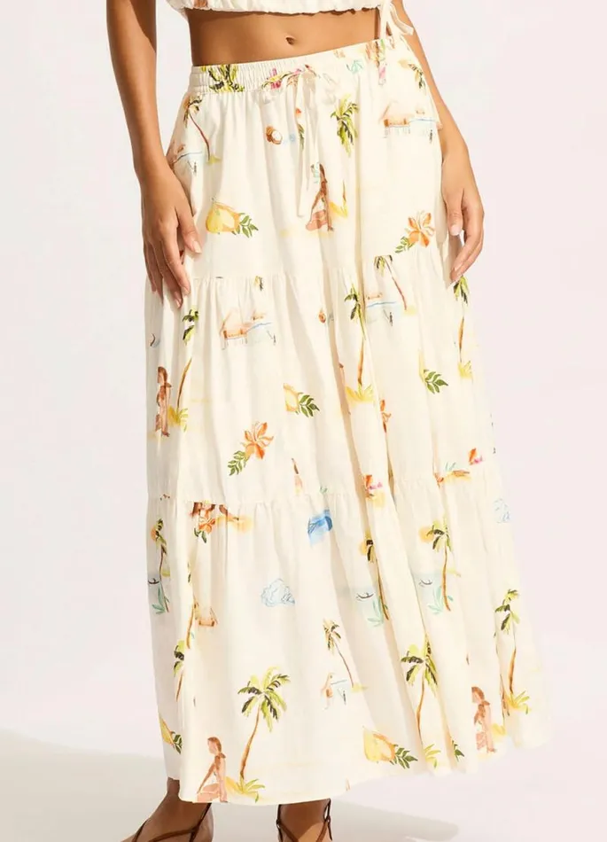 Seafolly Skirts and Sarongs Women Isla Palm Tiered Maxi Skirt 8211 Ecru