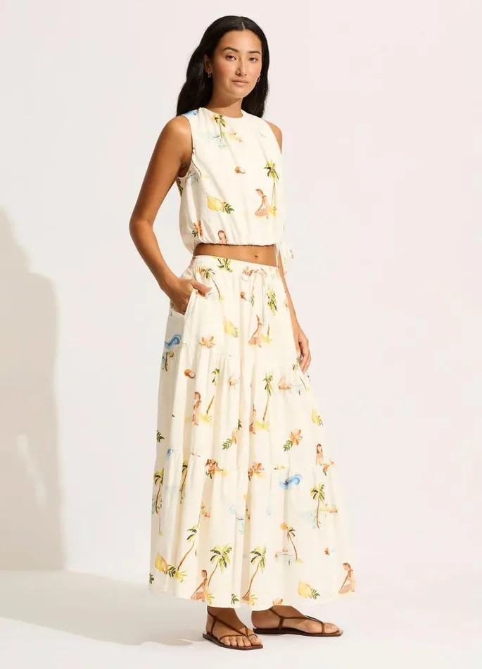 Seafolly Skirts and Sarongs Women Isla Palm Tiered Maxi Skirt 8211 Ecru