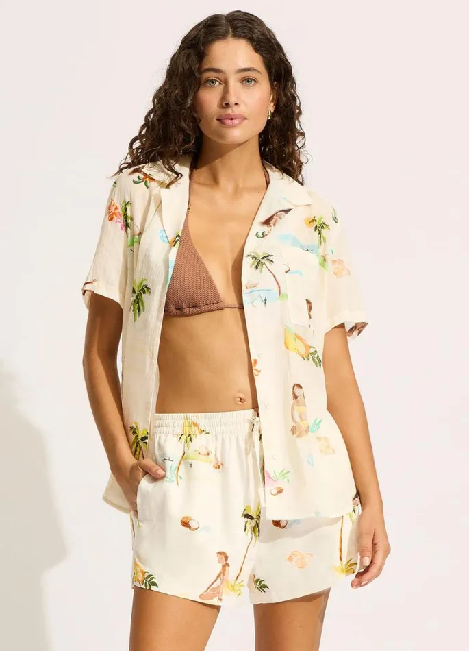 Seafolly Tops Women Isla Palm Longline Short Sleeve Shirt 8211 Ecru