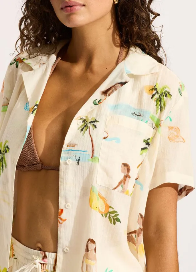 Seafolly Tops Women Isla Palm Longline Short Sleeve Shirt 8211 Ecru