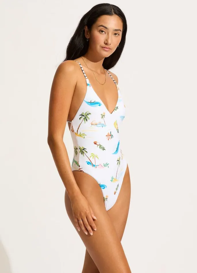 Seafolly V Neck Women Isla Palm V Neck One Piece 8211 White