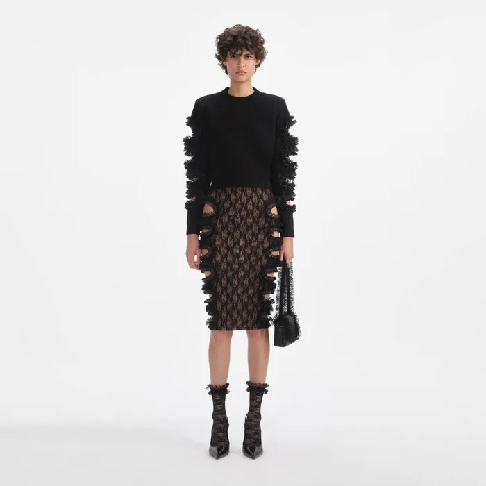 Self Portrait Bottoms Women Black Lace Cut Out Midi Skirt Black
