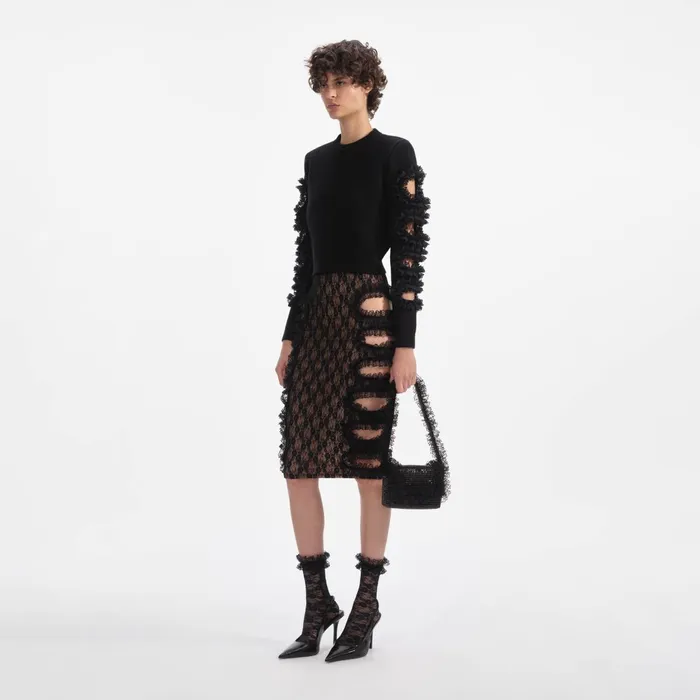 Self Portrait Bottoms Women Black Lace Cut Out Midi Skirt Black