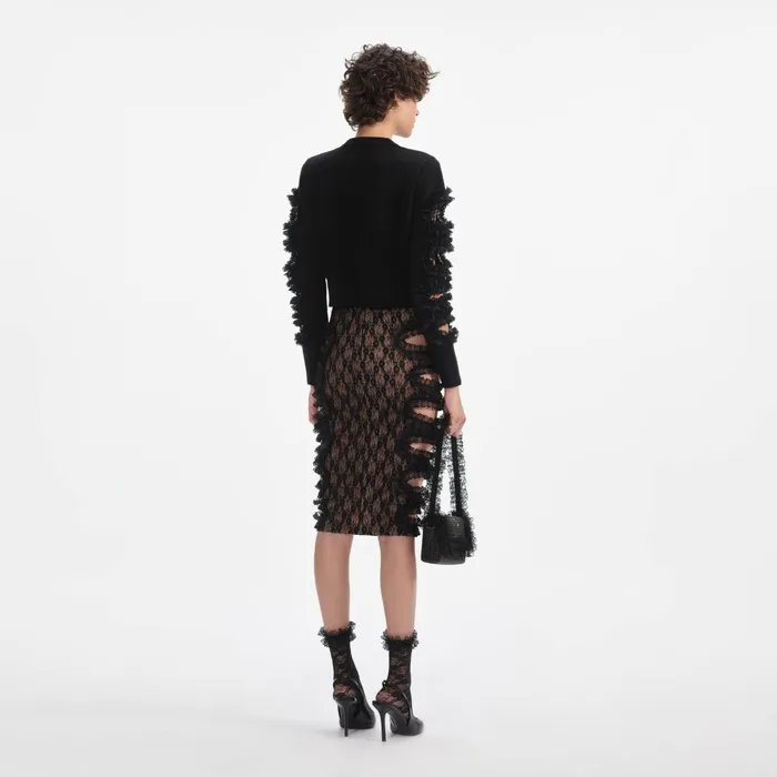 Self Portrait Bottoms Women Black Lace Cut Out Midi Skirt Black