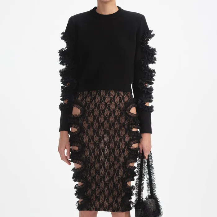 Self Portrait Bottoms Women Black Lace Cut Out Midi Skirt Black