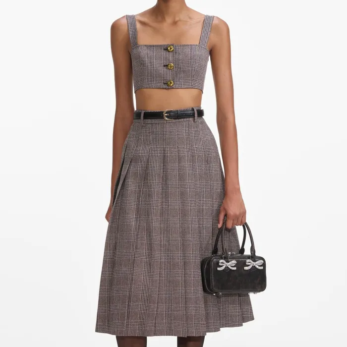 Self Portrait CoOrds Women Brown Check Crop Top