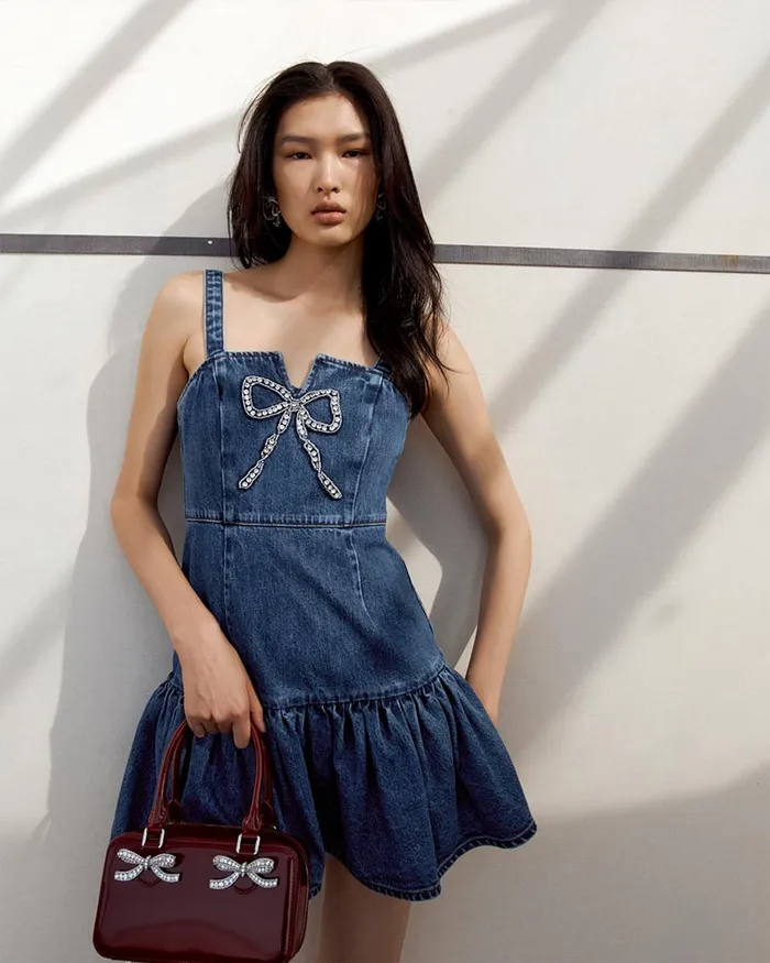 Self Portrait Denim Women Bow Denim Mini Dress