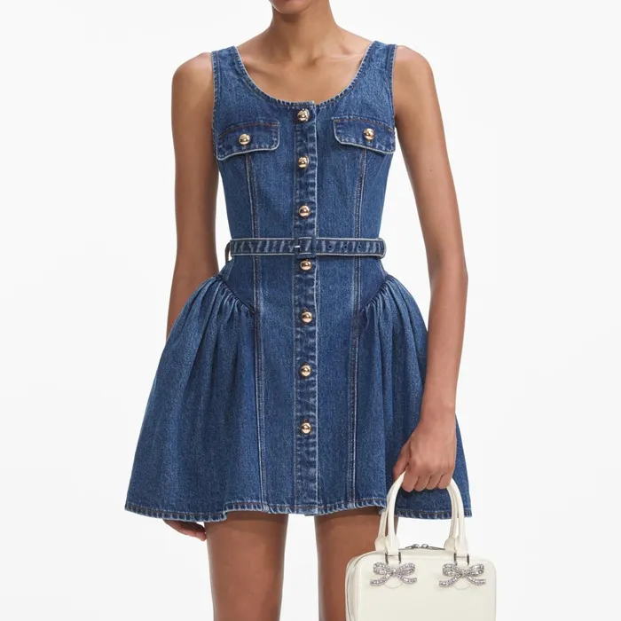Self Portrait Denim Women Flared Denim Mini Dress