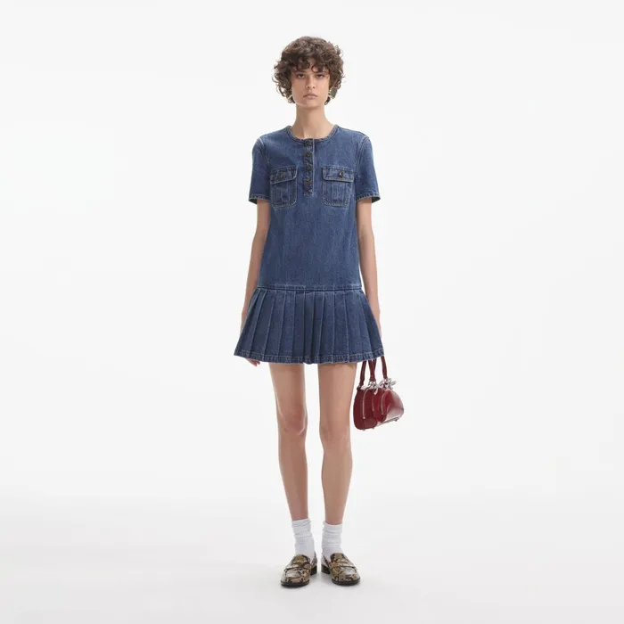 Self Portrait Denim Women Pleated Denim Mini Dress
