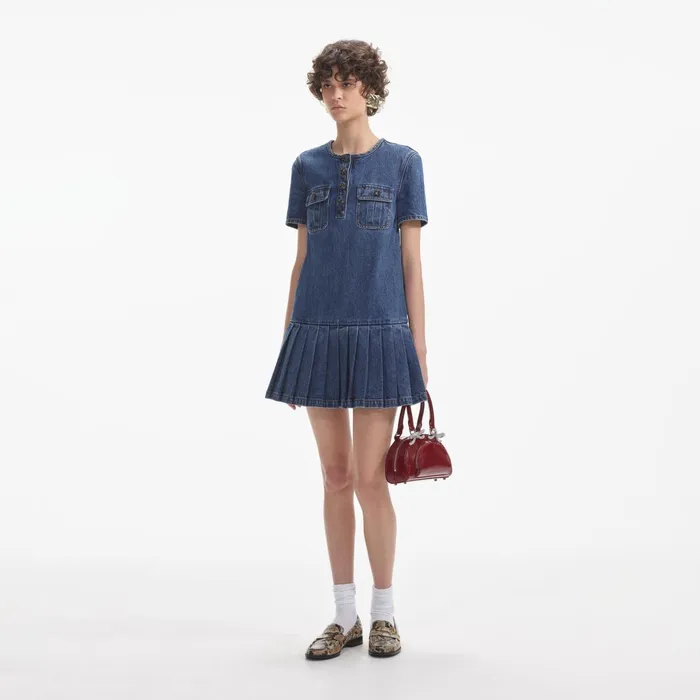 Self Portrait Denim Women Pleated Denim Mini Dress