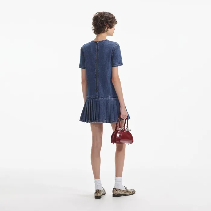 Self Portrait Denim Women Pleated Denim Mini Dress