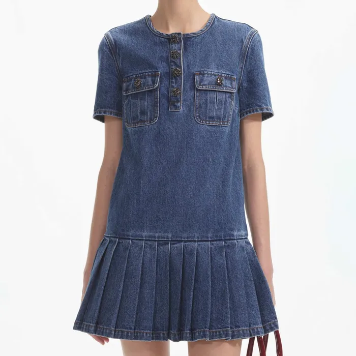Self Portrait Denim Women Pleated Denim Mini Dress