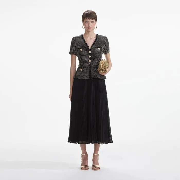 Self Portrait Dresses Women Black Boucle Chiffon Midi Dress