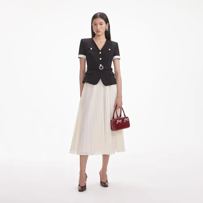 Self Portrait Dresses Women Black Crepe Contrast Chiffon Midi Dress