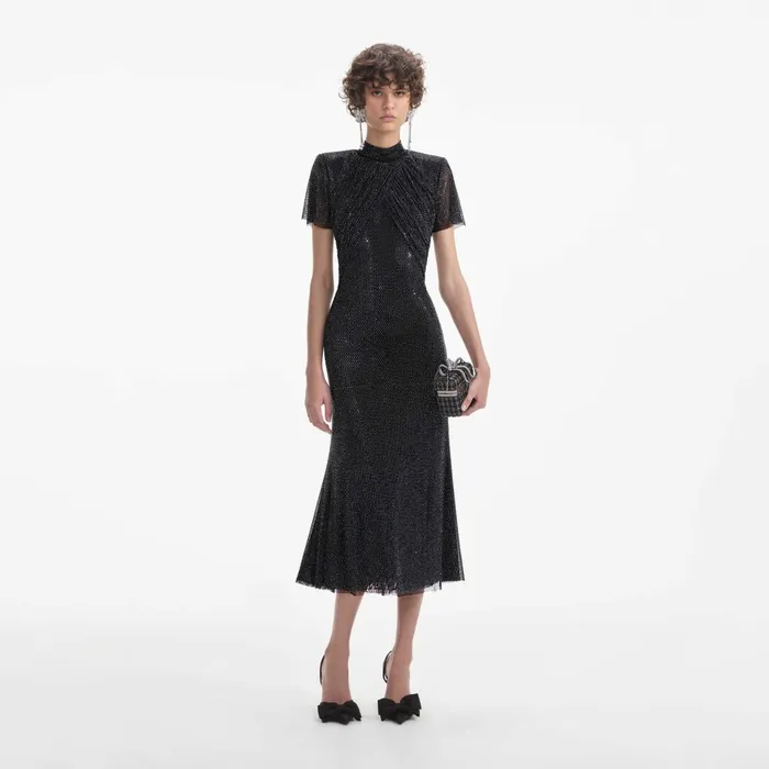 Self Portrait Dresses Women Black Rhinestone Mesh Midi Dress