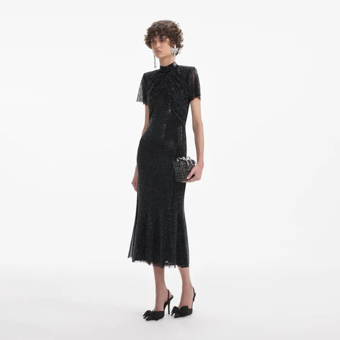 Self Portrait Dresses Women Black Rhinestone Mesh Midi Dress