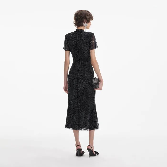 Self Portrait Dresses Women Black Rhinestone Mesh Midi Dress
