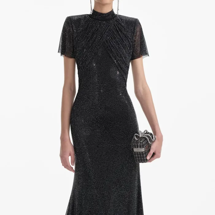 Self Portrait Dresses Women Black Rhinestone Mesh Midi Dress