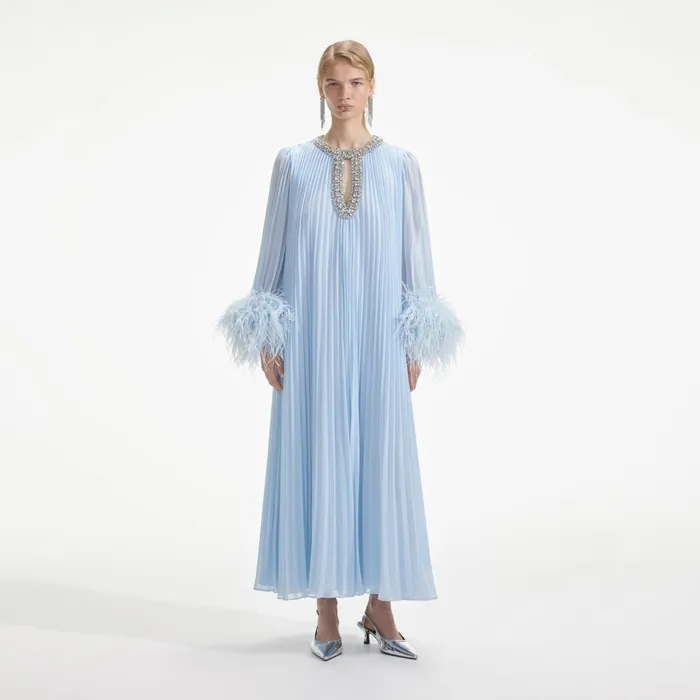 Self Portrait Dresses Women Blue Chiffon Feather Midi Dress Blue